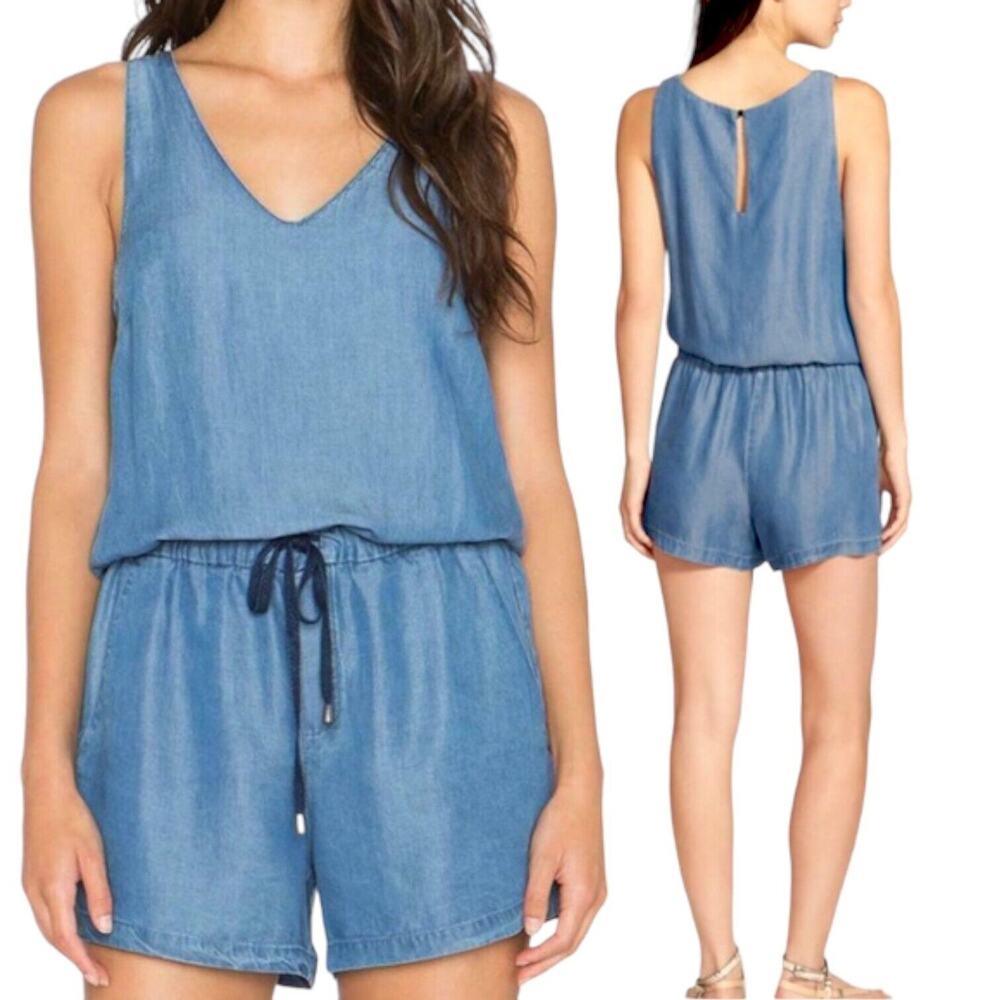 SPLENDID Chambray Romper Vintage Style 90's Y2K Drawstring Small V-Neck Blue